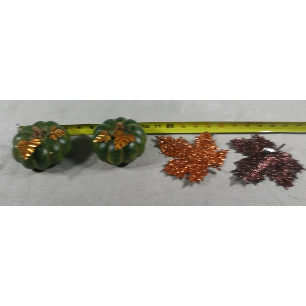 Green Resin Pumpkins and Glitter Mesh Leaf Clips Fall Harvest Decor Set of 4